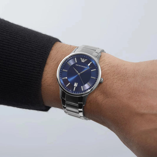 Emporio Armani Herrenuhr Mens Ar11180 Silver Tone Stainless Steel Watch With Blue Dial – AR11180