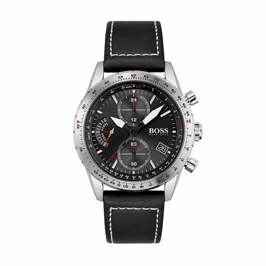 Hugo Boss Herrenuhr Mens 1513853 Chronograph Pilot Edition Watch With Black Leather Strap – HB1513853