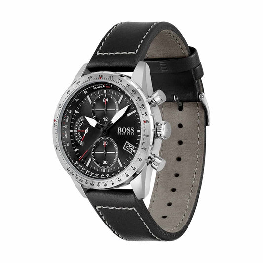 Hugo Boss Herrenuhr Mens 1513853 Chronograph Pilot Edition Watch With Black Leather Strap – HB1513853