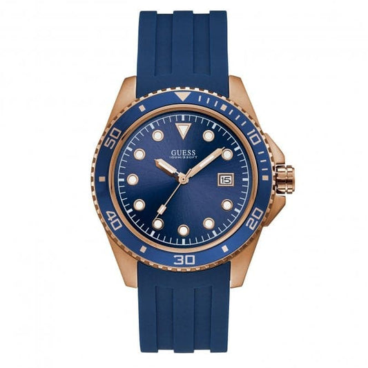Guess Herrenuhr Watches Guess Gents Rose Gold Watch Blue Trim Dial Strap W1109g3 – W1109G3