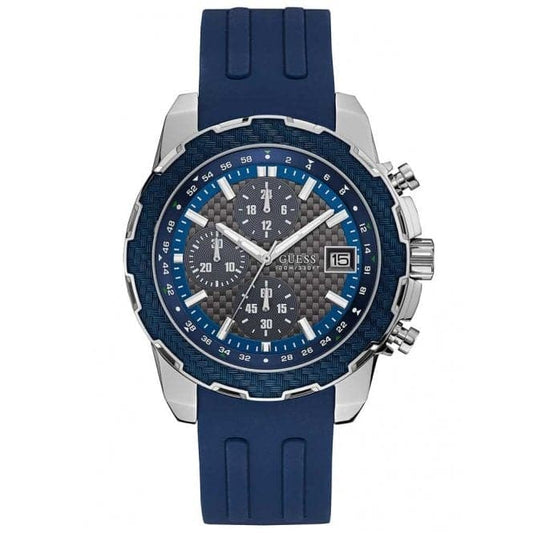 Guess Herrenuhr Watches Guess Gents Silver Watch Blue Trim Grey Dial Blue Textured Silicone Strap W1047g2 – W1047G2
