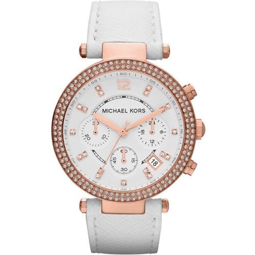 Michael Kors Damenuhr Mk2281 Ladies Parker Rose Gold White Leather Chronograph Watch – MK2281