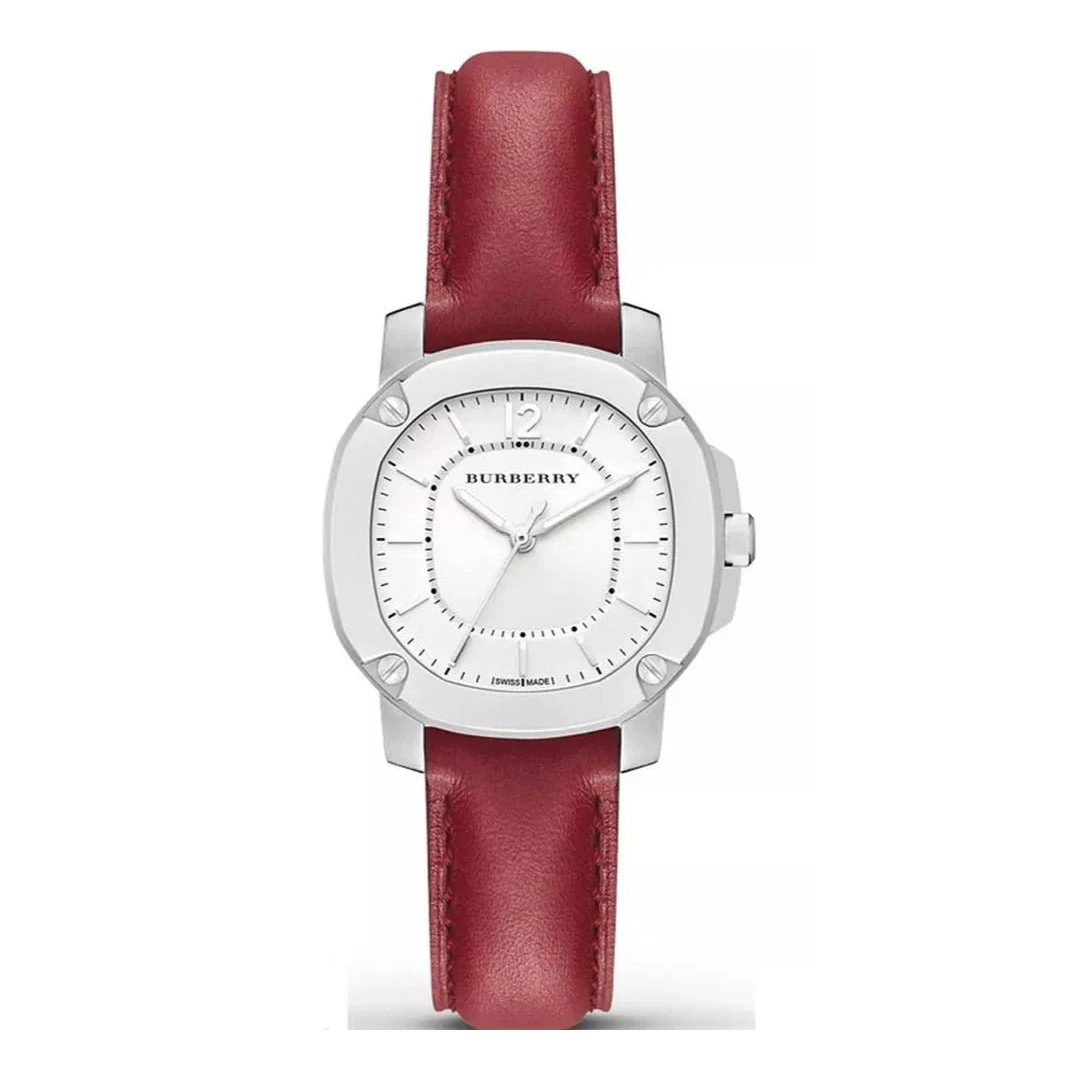 Burberry Damenuhr The Britain White Quarz mit Lederarmband mit weißem Zifferblatt – BBY1705